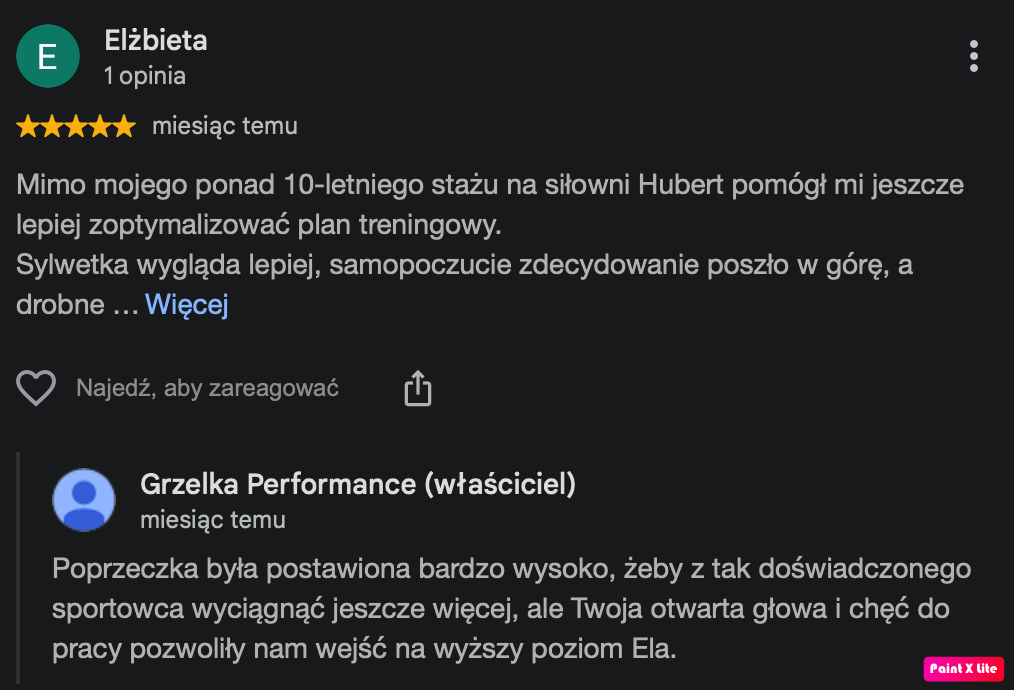 Oryginalna opinia Elżbiety w Google